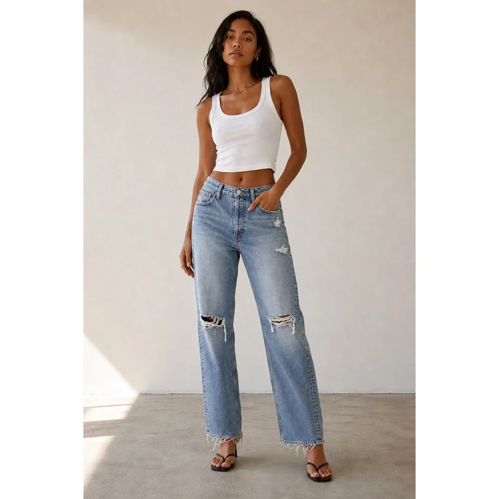 Agolde 90s Pinch Waist Mid Rise Loose Fit Distressed Denim Jeans Sz 26 Blue NWT